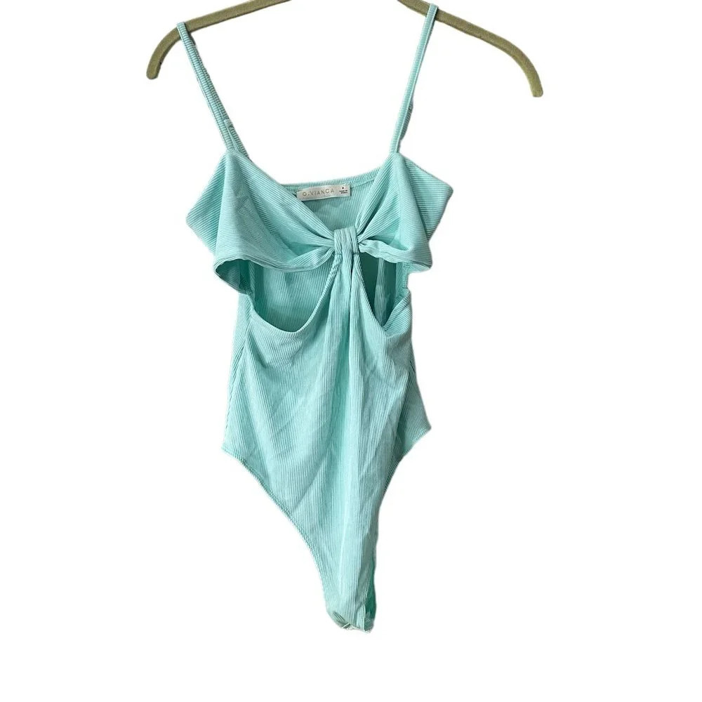 O. VIANCA Mint Green Twist Front Cut Out Body Suit - medium